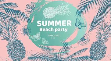 Hello Summer, palm tree, glasses, pineapple. Hand drawn illustration vector