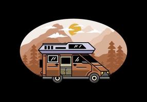 Big van with sliding door for camping illustration badge design vector