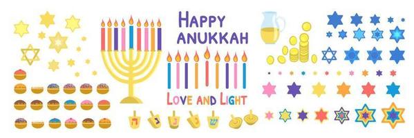 Happy Hanukkah symbols set vector illustration isolated on white background