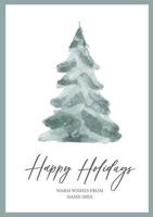 Watercolor green Christmas tree. Happy Holidays lettering greeting card. Isolated hand drawn plant for your design. vector
