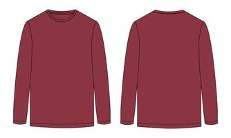 Long Sleeve t shirt technical fashion flat sketch vector illustration Red Color  template front and back views. Apparel design mock up Cad easy edit and customizable