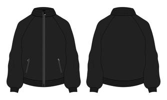 Long sleeve with zipper and pocket jacket sweatshirt technical fashion flat sketch vector illustration template. Apparel sweater Jacket  Flat drawing vector black color mock up CAD.