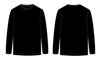 Long Sleeve t shirt technical fashion flat sketch vector illustration black Color  template front and back views. Apparel design mock up Cad easy edit and customizable