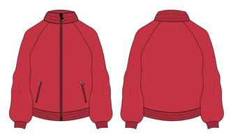 Long sleeve with zipper and pocket jacket sweatshirt technical fashion flat sketch vector illustration template. Apparel sweater Jacket  Flat drawing vector Red color mock up CAD.