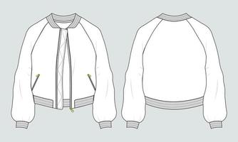 manga larga con cremallera y sudadera de chaqueta de bolsillo vista frontal y trasera de la plantilla de ilustración vectorial de boceto plano de moda técnica general. ropa suéter chaqueta plano dibujo vector maqueta cad.