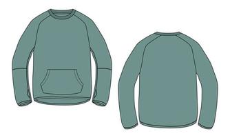 Long sleeve sweatshirt technical fashion flat sketch vector illustration Green Color template front and back views. Cotton fleece jersey Winter clothing design mock up cad