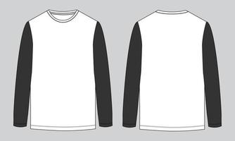 Two tone Color long Sleeve t shirt technical fashion flat sketch vector illustration template front and back views. Apparel design mock up Cad easy edit and customizable