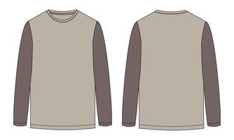 Two tone Color long Sleeve t shirt technical fashion flat sketch vector illustration template front and back views. Apparel design mock up Cad easy edit and customizable