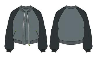 manga larga de dos tonos con cremallera y sudadera de chaqueta de bolsillo plantilla de ilustración de vector de boceto plano de moda técnica. ropa suéter chaqueta plano dibujo vector maqueta cad.