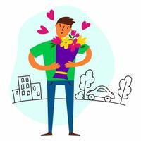 The guy is holding a bouquet of flowers in his hands vector