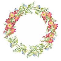 wreath with green leaves and red freesia flower in a gold round frame. Watercolor floral illustration vector