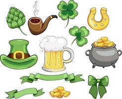 conjunto de elementos, trébol, jarra de cerveza, olla de oro, ilustración del día de san patricio vector