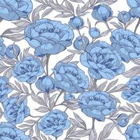 seamless pattern with blue peonies flowers with gray leaves, vector illustration