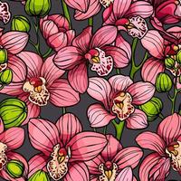 Pink orchids on gray background, seamless vector pattern. hand drawn illustration. Exotic tropical flowers