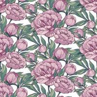 seamless floral vector pattern with pink peonies. Outline flowers and buds with green leaves on a white background.