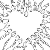 flores tulipanes en blanco y negro, marco de corazón, ilustración vectorial elementos florales dibujados a mano. vector