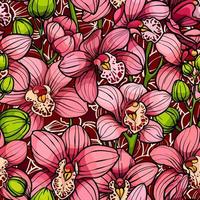 Pink orchids, seamless vector pattern. hand drawn illustration. Exotic tropical flowers