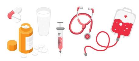 Collection set of medical obejcts blood bag stethoscope syringe medicine pill capsule vector