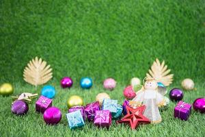 Christmas decoration on grass with copy space photo