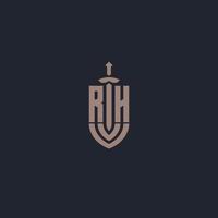 monograma del logotipo rh con plantilla de diseño de estilo espada y escudo vector