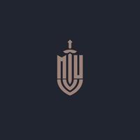 MU logo monogram with sword and shield style design template vector