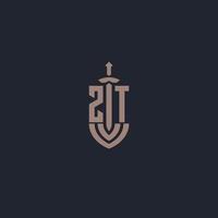 ZT logo monogram with sword and shield style design template vector