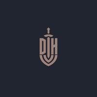 DH logo monogram with sword and shield style design template vector