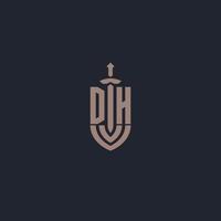 DH logo monogram with sword and shield style design template vector