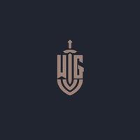 WG logo monogram with sword and shield style design template vector