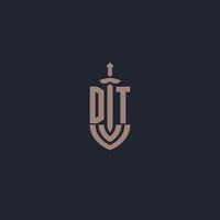 monograma del logotipo dt con plantilla de diseño de estilo espada y escudo vector