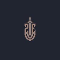 ZE logo monogram with sword and shield style design template vector