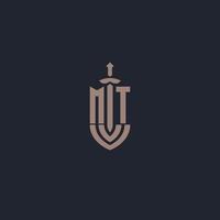 MT logo monogram with sword and shield style design template vector