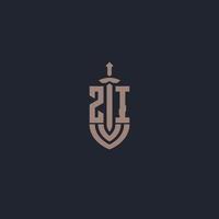 monograma del logotipo zi con plantilla de diseño de estilo espada y escudo vector