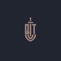 QT logo monogram with sword and shield style design template vector