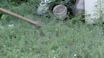 A man mows the grass with a hand scythe. Mow the grass with an old scythe. The farmer traditionally mows the lawn. The mower mows the green grass with a manual metal scythe. video