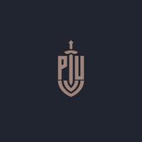 PU logo monogram with sword and shield style design template vector