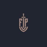 FP logo monogram with sword and shield style design template vector