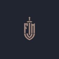 monograma del logotipo fm con plantilla de diseño de estilo espada y escudo vector