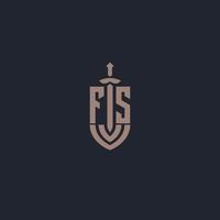 monograma del logotipo fs con plantilla de diseño de estilo espada y escudo vector
