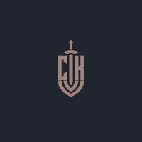 CK logo monogram with sword and shield style design template vector