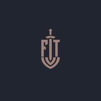 monograma de logotipo ft con plantilla de diseño de estilo espada y escudo vector