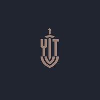 YT logo monogram with sword and shield style design template vector