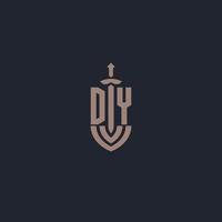 monograma del logotipo dy con plantilla de diseño de estilo espada y escudo vector