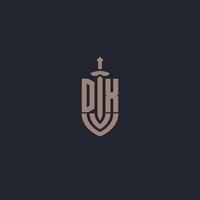 monograma del logotipo dx con plantilla de diseño de estilo espada y escudo vector