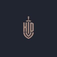 KD logo monogram with sword and shield style design template vector