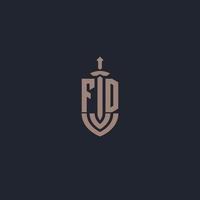 monograma del logotipo fd con plantilla de diseño de estilo espada y escudo vector