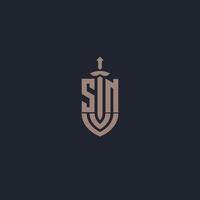 monograma del logotipo sn con plantilla de diseño de estilo espada y escudo vector