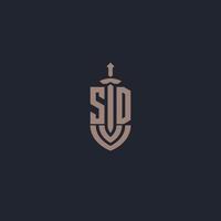 SD logo monogram with sword and shield style design template vector