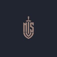 NS logo monogram with sword and shield style design template vector