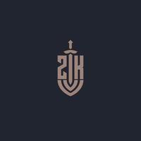 ZK logo monogram with sword and shield style design template vector